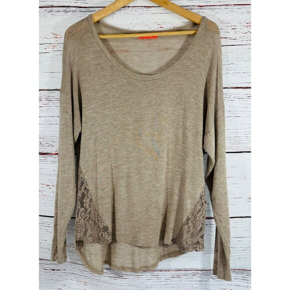 Spoiled Taupe Long Sleeve Top With Lace Accents Lightweight Scoop Neck Womens M - Picture 3 of 11